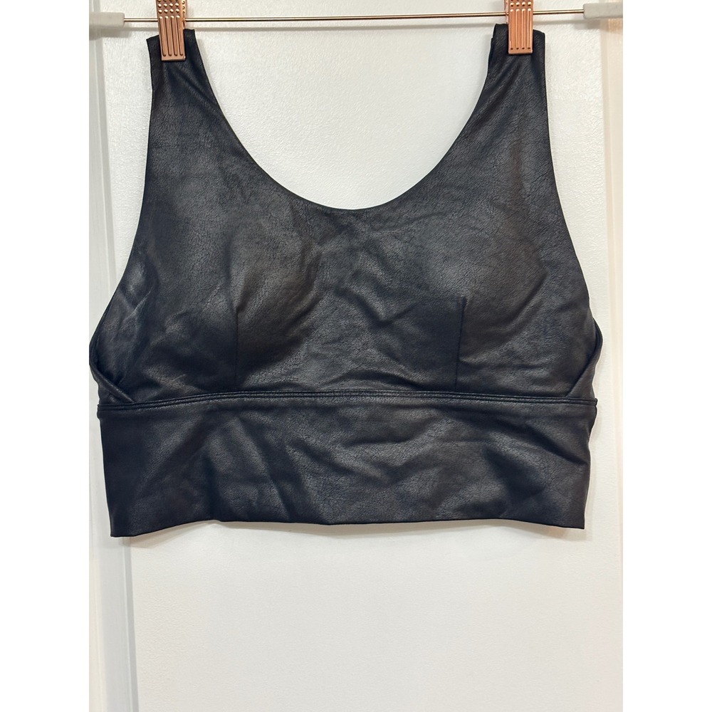 Curves N Combatboots Black Faux Leather Sports Bra Longline Crop Top Large